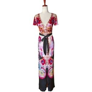 Temperley London Giselle V-Neck Maxi Dress Silk Satin Hibiscus Mix UK8 US4 NEW
